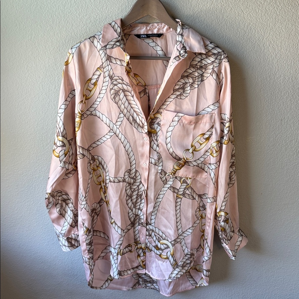 Zara Blush Pink Chain Pattern Satin Top
